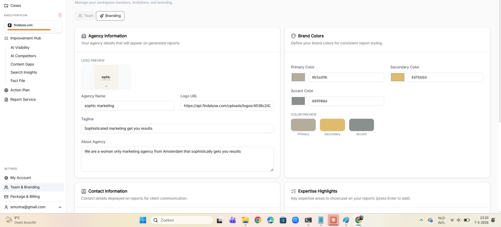 Findalyse Team and Branding settings showing agency logo, brand colors, and contact details applied to every report.