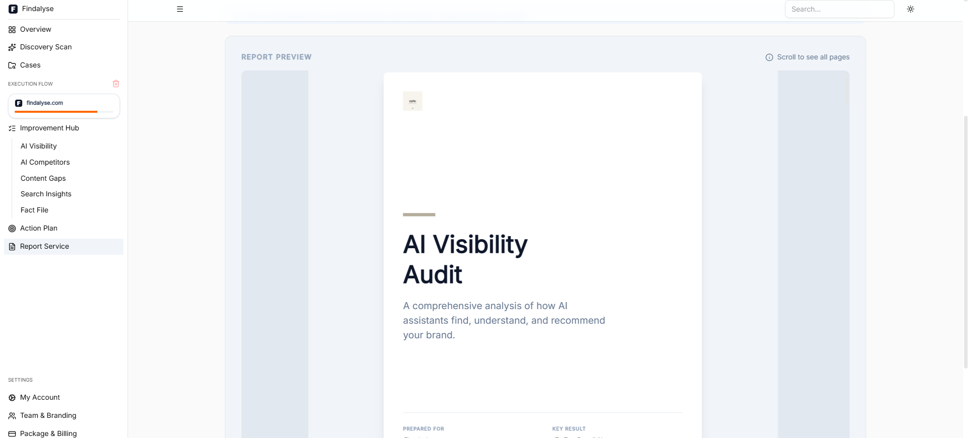 Findalyse PDF report preview, branded AI Visibility Audit ready to hand to a client.